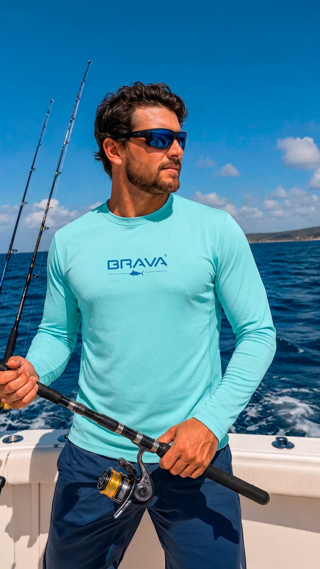 Hombre pescando en lancha usando playera Brava manga larga color aqua