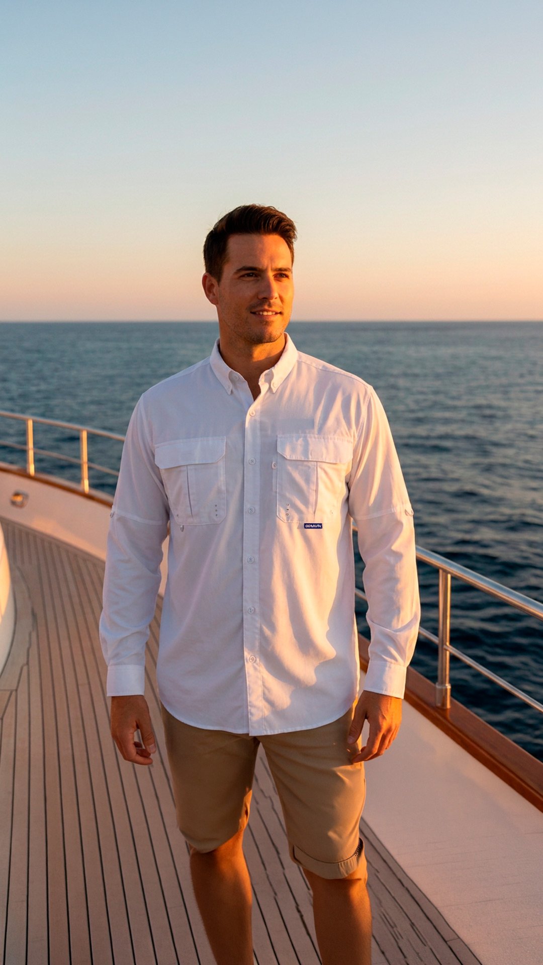 Hombre usando camisa técnica de pesca blanca sobre una embarcación al atardecer